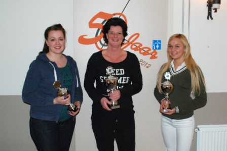 Ondernemersschieten 2016, podium Dames. v.l.n.r.: Judith Moed (3), Jeanette Hendriks (1), Gijsje Hendriks (2).