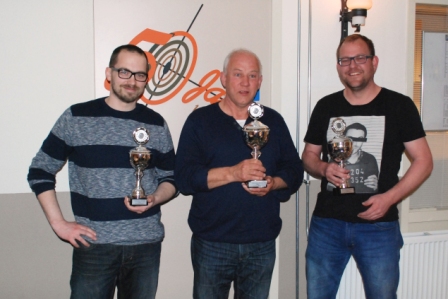 Ondernemersschieten 2016, podium Heren. v.l.n.r.: Paul van der Schelde (3), Wim Wiltink (1), Roel Hendriks (2).